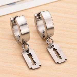 Mens Silver Stainless Steel Razor Blade Hoop Dangle Earrings Party Gift